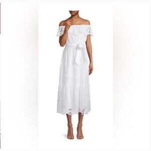 LILLY‎ PULITZER Geri Midi Dress White Eyelet Missing Belt Large ties shoulder of